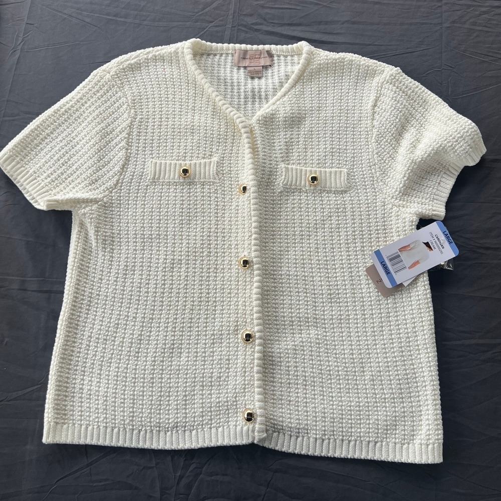 French Connection Women's Short Sleeve Cardigan Sweater Cream Gold Button Large